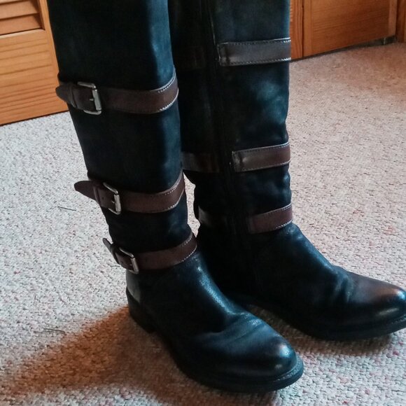 Miz Mooz Charmaine Black & Brown Leather Tall Buckles Boots Sz 7 (Eur 37) - Picture 7 of 16